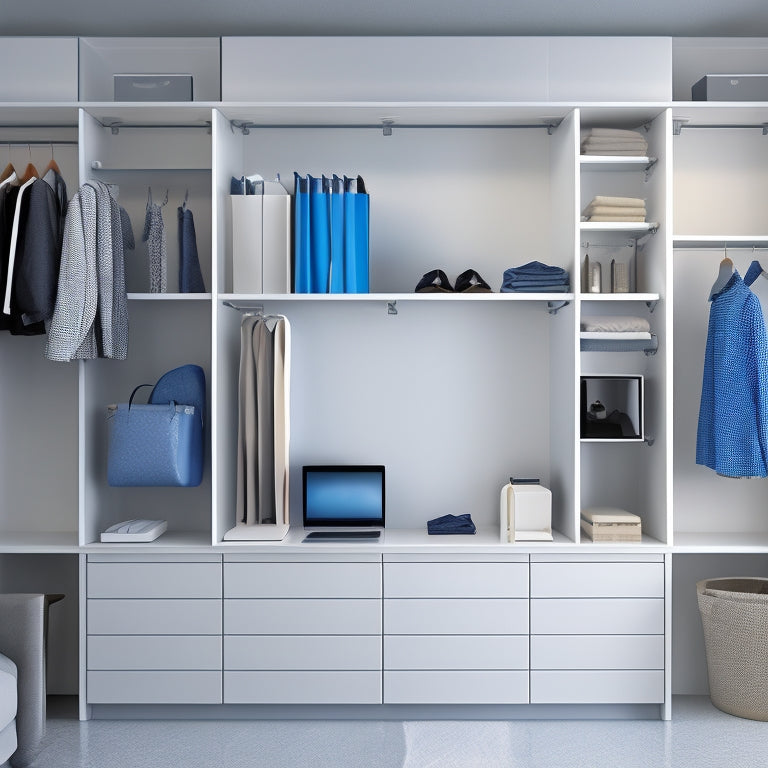 A minimalist illustration of a tidy closet with shelves, cabinets, and rods, surrounded by a faint outline of a computer screen displaying a closet organizer software interface.