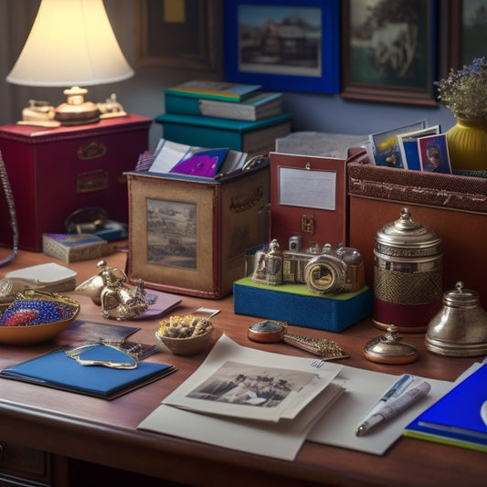 A tidy, well-lit desk with a few, carefully labeled folders and binders in a rainbow of colors, surrounded by scattered family photos, heirlooms, and a few nostalgic trinkets.