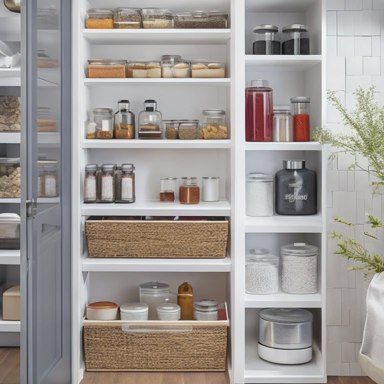 A sleek, modern pantry with white shelves, baskets, and containers, featuring a pull-out spice rack, stackable canisters, and a Lazy Susan, all neatly organized in a compact, rectangular space.