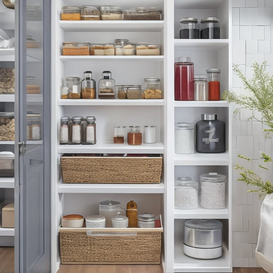 A sleek, modern pantry with white shelves, baskets, and containers, featuring a pull-out spice rack, stackable canisters, and a Lazy Susan, all neatly organized in a compact, rectangular space.