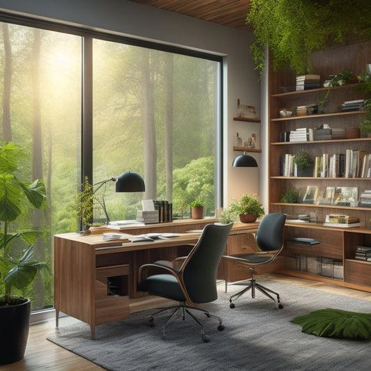 A serene, modern home office with a wooden desk, ergonomic chair, and floor-to-ceiling bookshelves, surrounded by lush greenery and soft, warm lighting, with a cityscape view in the background.