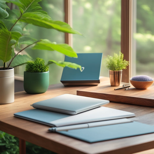 A serene, minimalist workspace with a sleek, wooden desk, a tidy paper tray, and a few, carefully placed, colorful pens, surrounded by a blurred, calming background of lush greenery.