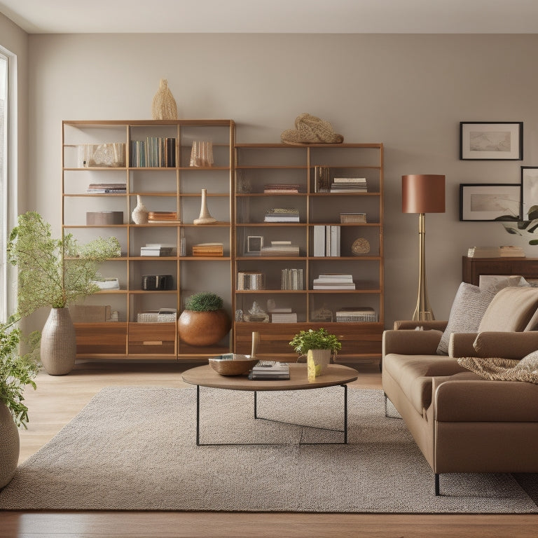 A bright, modern living room with sleek, floor-to-ceiling custom storage units in a warm wood tone, holding neatly organized books, decorative vases, and a few choice art pieces.