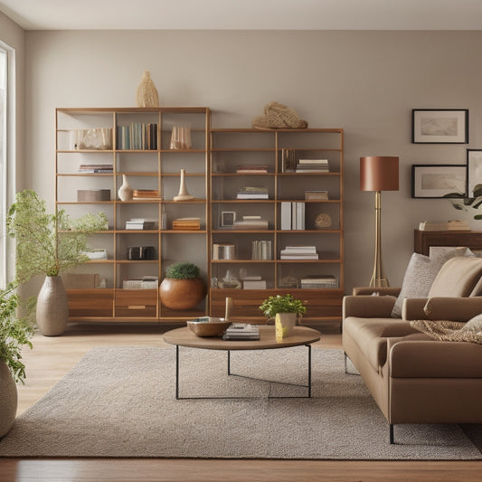 A bright, modern living room with sleek, floor-to-ceiling custom storage units in a warm wood tone, holding neatly organized books, decorative vases, and a few choice art pieces.