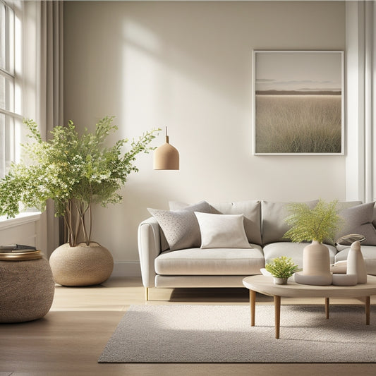 A serene, minimalist living room with a few, carefully chosen decorative pieces, plenty of natural light, and a subtle color palette, evoking a sense of calm and tranquility.