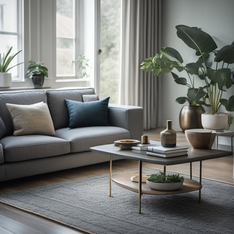 A serene, minimalist living room with a tidy couch, a few carefully placed decorative objects, and a sleek smartphone on a coffee table, surrounded by a few neatly organized notebooks and a small potted plant.