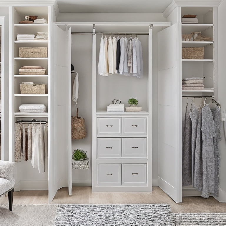 A serene, white-walled closet space with a sleek, dark-wood Pottery Barn closet system, featuring neatly organized shelves, drawers, and hanging rods, with a few stylishly placed accessories and a single, elegant chair.