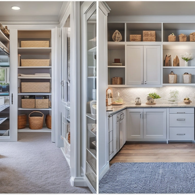 A bright, modern Longmont home interior with sleek, floor-to-ceiling shelves, a hidden Murphy bed, and a sliding barn door revealing a clutter-free, organized walk-in closet with baskets and bins.