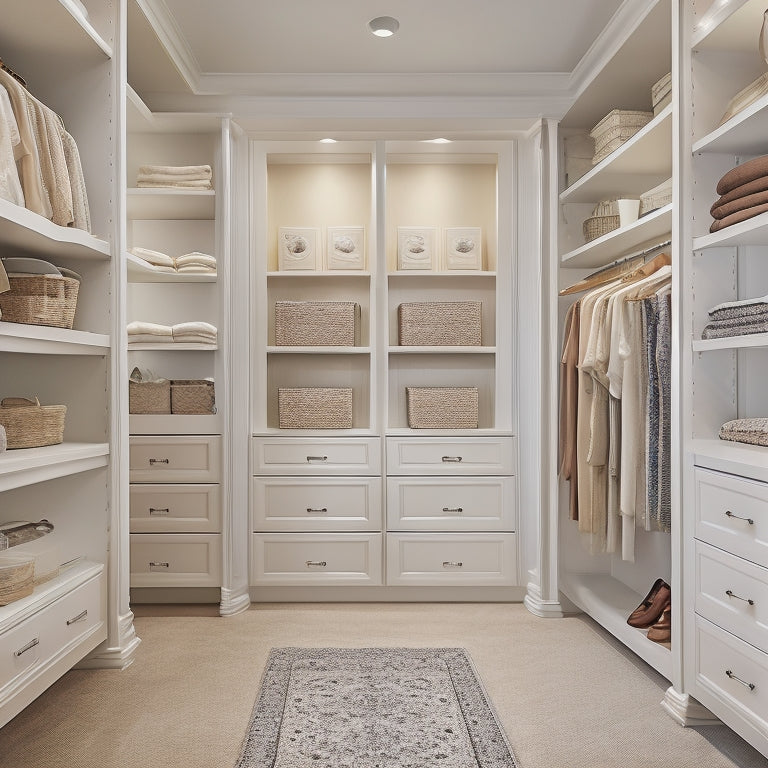 A serene, walk-in closet with cream-colored walls, rich wood accents, and a custom organizer system featuring floor-to-ceiling shelves, double rods, and a built-in dresser with ornate hardware.