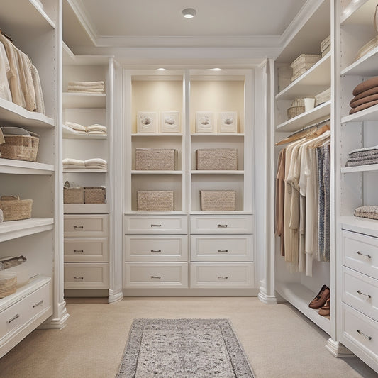 A serene, walk-in closet with cream-colored walls, rich wood accents, and a custom organizer system featuring floor-to-ceiling shelves, double rods, and a built-in dresser with ornate hardware.
