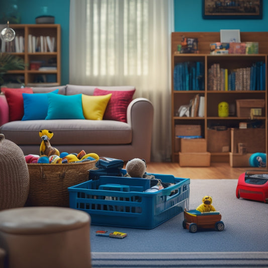A cluttered living room with toys, books, and remotes scattered around, contrasted with a sleek, organized space in the background featuring a smart storage system with labeled bins and a minimalist aesthetic.