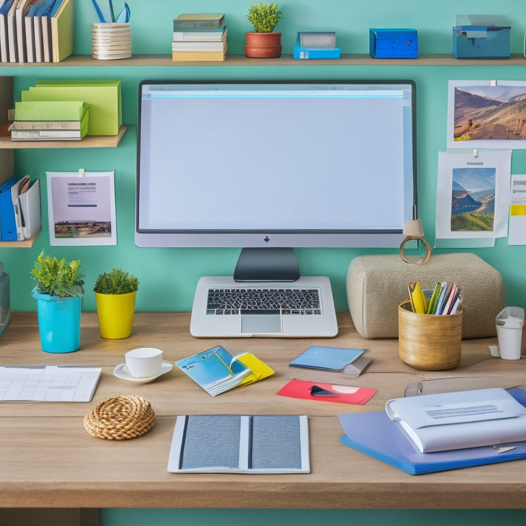 A tidy home office with a laptop, tablet, and smartphone displaying various organization apps, surrounded by labeled folders, a planner, and a calendar on a wall with colorful sticky notes.