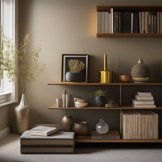 A serene, well-lit, minimalist home interior with a tidy bookshelf, a few decorative vases, and a leather-bound book lying open on a polished wooden table, surrounded by neatly organized storage bins.