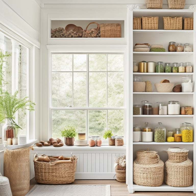 A bright, airy pantry with whitewashed shelves, wicker baskets, and glass jars filled with neatly arranged spices, canned goods, and artisanal foods, surrounded by lush greenery and warm, natural light.