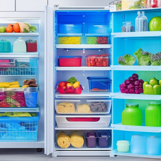 A tidy, modern refrigerator with colorful containers, baskets, and dividers, showcasing a categorized and labeled storage system, featuring a prominent "snack zone" and a visible meal prep area.