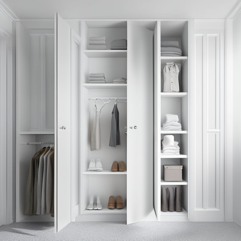 An illustration of a narrow closet with a minimalist aesthetic, featuring a double rod with maximizing storage bins, shelves, and a shoe organizer, all in a calming white and gray color scheme.