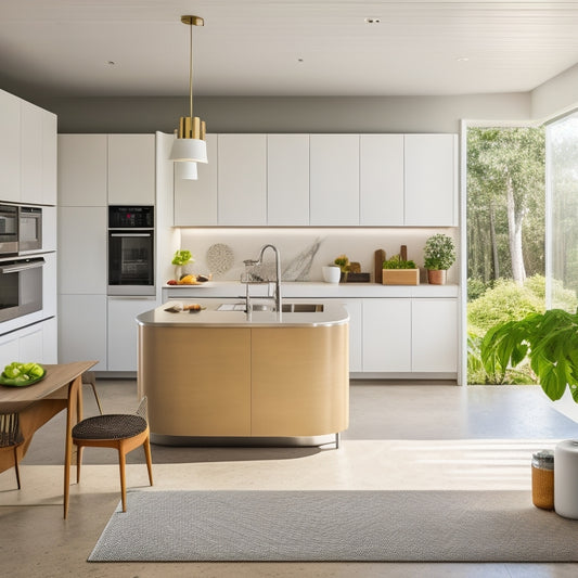 A sleek, modern kitchen with a curved peninsula, built-in appliances, and a pegboard-backed island, surrounded by ample natural light and a minimalist color scheme, maximizing every inch of space.