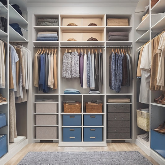 A tidy walk-in closet with a combination of shelves, drawers, and rods organized with a mix of hanging clothes, folded items, and storage bins, with a few shoes lined up on the floor.