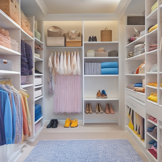 A serene, well-lit closet with floor-to-ceiling shelves, drawers, and rods, showcasing a rainbow of garments, shoes, and accessories, all meticulously organized and spaced, with a few decorative storage bins and baskets.