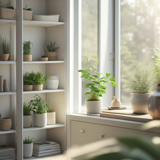 A serene, minimalist room with a few, neatly organized storage bins, a tidy bookshelf, and a few decorative plants, illuminated by soft, natural light filtering through a window.