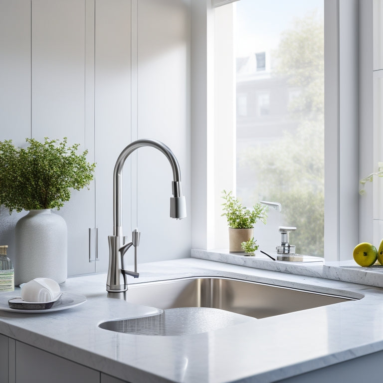 A modern kitchen with a wall-mounted, stainless steel faucet and sink combo, featuring a curved spout and rounded basin, surrounded by sleek, white countertops and minimalist cabinetry.