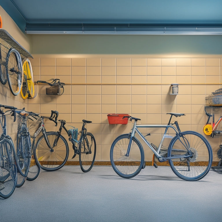 A clutter-free garage with a sleek, wall-mounted bike rack holding three bicycles of varying sizes, surrounded by organized storage bins and a polished concrete floor.