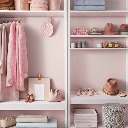 A minimalist closet with pastel-hued clothing organized by type, a DIY pegboard with hanging accessories, and a small wooden shelf displaying a few trendy hats and scarves.