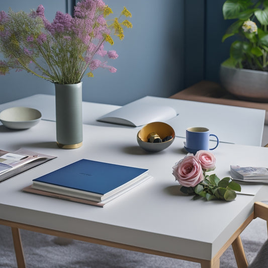 A minimalist desk with a laptop, a vase with fresh flowers, and a stack of interior design books, surrounded by scattered color swatches, fabric samples, and a partially rolled-out floor plan.