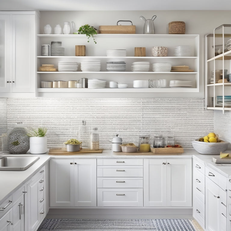 A bright, modern kitchen with sleek white cabinets, featuring a utensil organizer on the wall, a tiered spice rack on the counter, and a pull-out pantry with baskets and dividers.