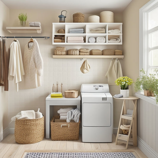 A tidy, compact laundry room with a wall-mounted folding table, stackable washer and dryer, and a pegboard with hanging baskets and bins, surrounded by calming white and beige tones.