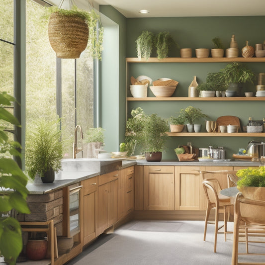 A bright, modern kitchen with a mix of open and closed shelving units in a warm wood tone, holding cookbooks, decorative vases, and cookware, surrounded by lush greenery and natural light.