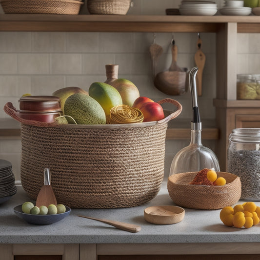 A tidy kitchen countertop with a wooden utensil organizer, a metal spice rack, a ceramic jar for kitchen tools, and a woven basket for fresh fruits, surrounded by a few neatly arranged cookbooks.