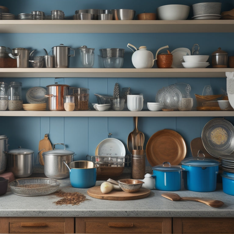 A cluttered kitchen cabinet overflowing with dishes, utensils, and cookware, with a few items spilling out, contrasted with a neat and organized cabinet in the background, showcasing optimal storage.