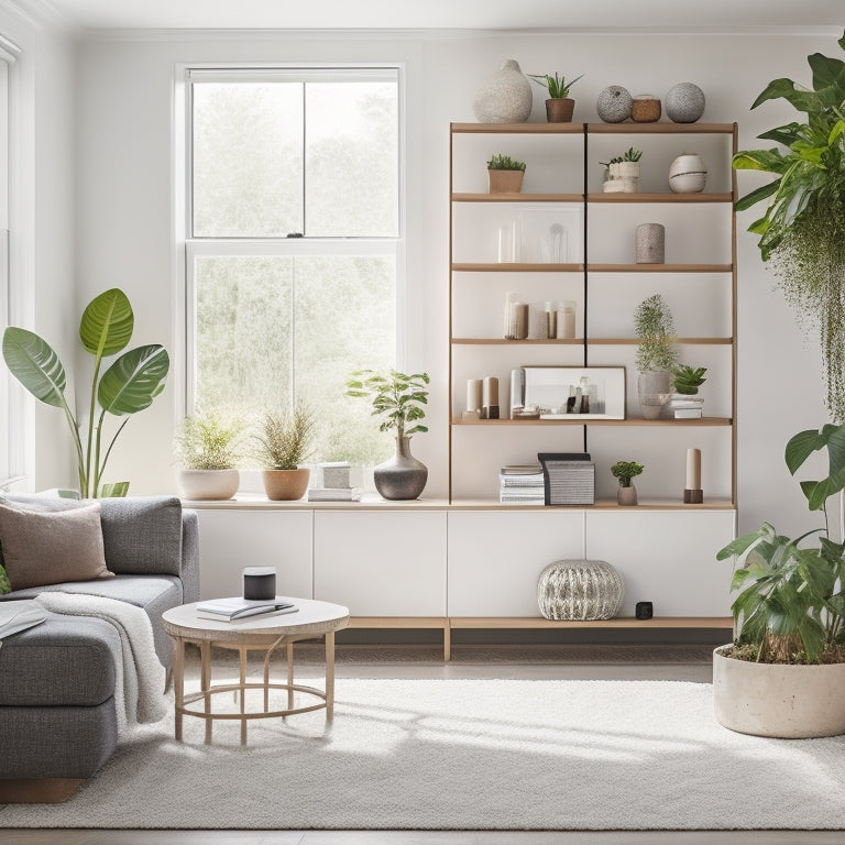 A modern, bright, and airy living room with modular, sleek, and minimalist built-in shelving units in various shapes and sizes, surrounded by stylish decor and plants.