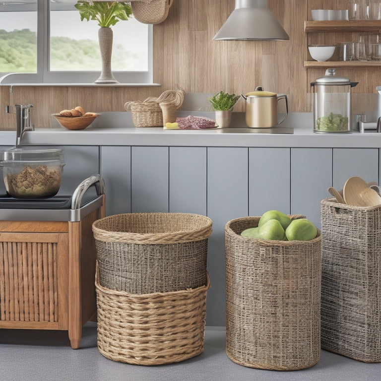 A tidy kitchen counter with five distinct storage solutions: a stainless steel trash can, a woven basket for recycling, a wooden utensil organizer, a ceramic compost bin, and a pull-out drawer for hidden storage.