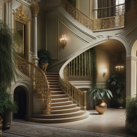 A luxurious, dimly lit interior space with a grand, curved staircase, adorned with lush greenery, surrounded by elegant, cream-colored walls, and ornate, gilded accents.