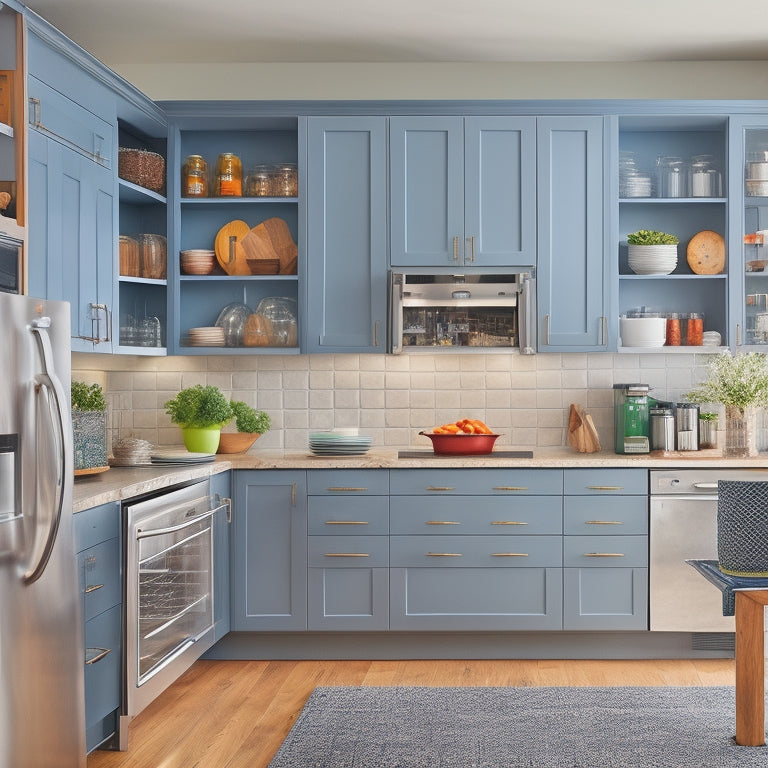 A bright, modern kitchen with sleek cabinets, a large island, and a stainless steel refrigerator, showcasing optimized storage solutions, including pull-out shelves, spice racks, and a pegboard.