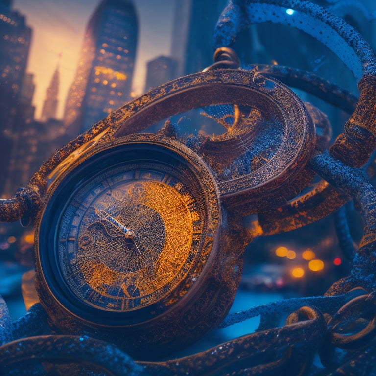 A person trapped in a tangled web of clock hands, with broken chains and shattered timepieces surrounding them, surrounded by a blurred cityscape in the background.