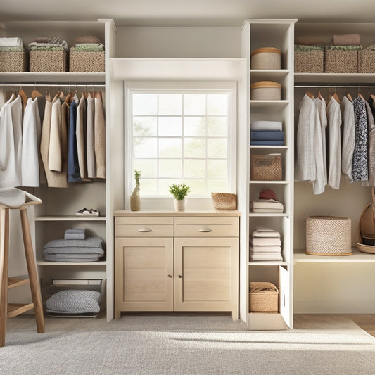 A tidy, organized closet with a mix of open shelving, drawers, and hanging rods, featuring a prominent island with a built-in bench, surrounded by warm, natural lighting and a calming color scheme.