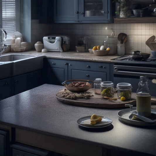 A cluttered kitchen countertop with a dark, mysterious shadow cast in the corner, surrounded by crumbs, stains, and forgotten appliances, with a faint glow emanating from the crevice.