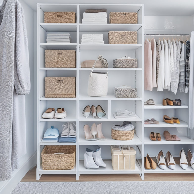 A bright, airy closet with white shelves and rods, adorned with a few stylish outfits on hangers, and a few shoes and accessories neatly organized on shelves and in baskets.