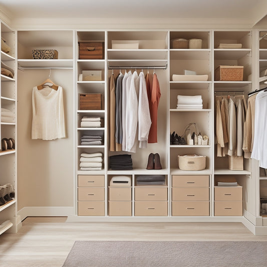 A tidy, walk-in closet with cream-colored walls, a dark wood floor, and minimalist lighting, featuring a custom shelving system with neatly organized clothes, shoes, and accessories.