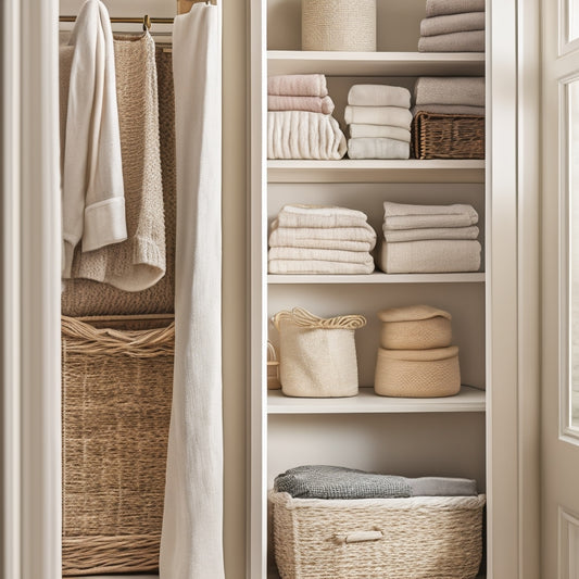 A serene, well-lit linen closet with soft, creamy walls, featuring neatly stacked, crisp white linens, woven baskets, and a few decorative vases, amidst a calming, minimalist backdrop.