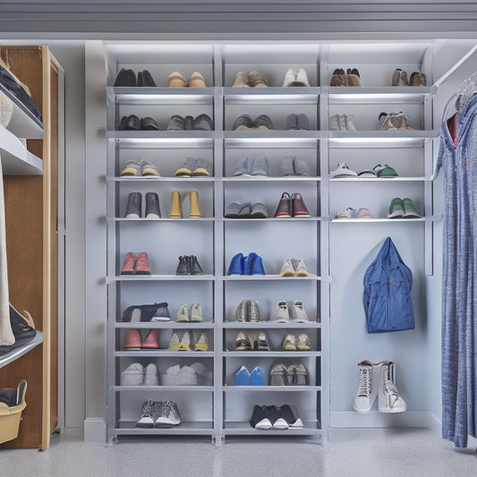 A well-lit, modern garage closet with sleek, silver shelves and cabinets, featuring a pegboard with neatly organized tools, a slotted wall for bins, and a shoe organizer with pairs of sneakers and boots.