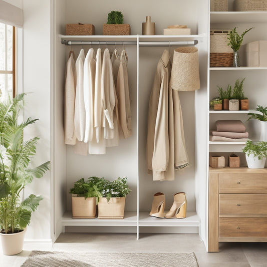 A serene, organized closet with soft, natural light, featuring a neutral-colored backdrop, sleek shelving, and a few, carefully curated, stylish outfits on wooden hangers, surrounded by potted greenery.