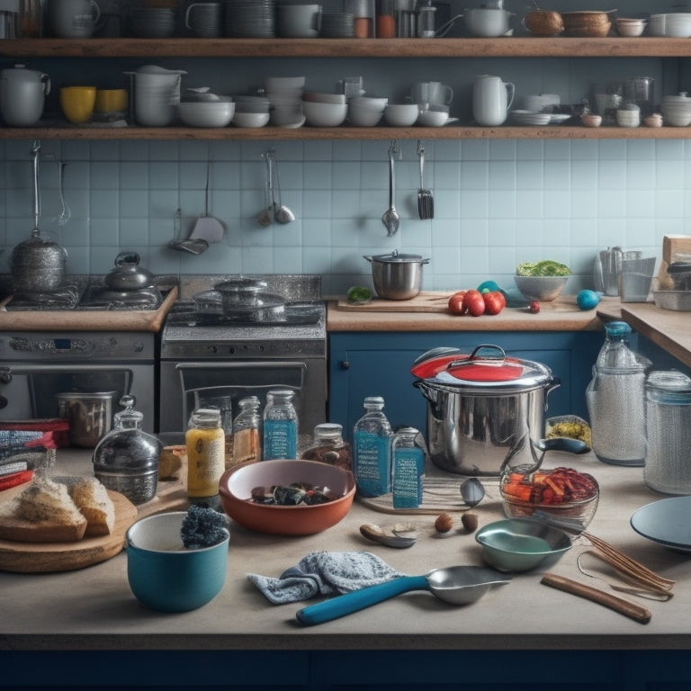 A cluttered kitchen countertop with a messy array of utensils, ingredients, and appliances, contrasted with a faint outline of a streamlined, organized space in the background.