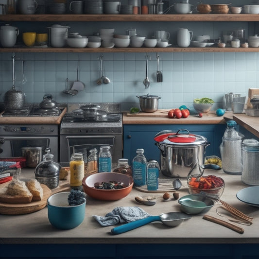 A cluttered kitchen countertop with a messy array of utensils, ingredients, and appliances, contrasted with a faint outline of a streamlined, organized space in the background.