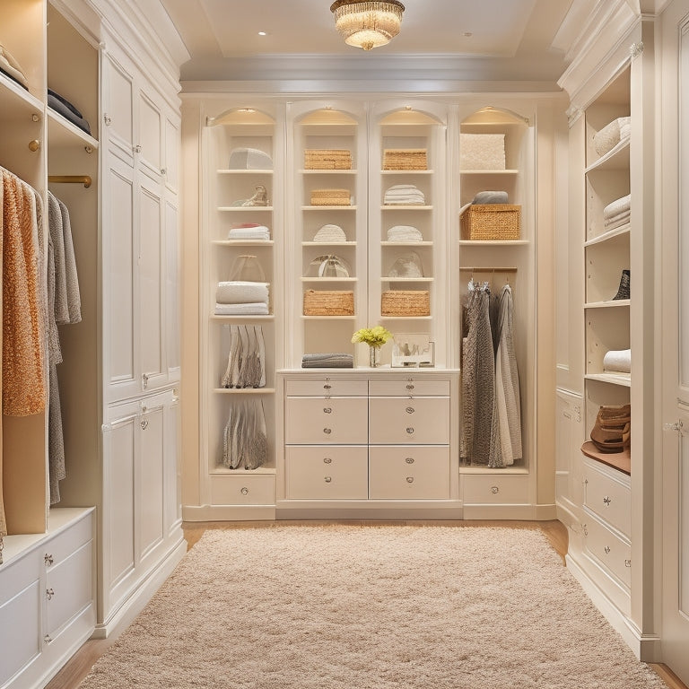 A serene, light-filled walk-in closet with cream-colored walls, polished wooden floors, and a floor-to-ceiling storage system featuring glass shelves and velvet-lined drawers.