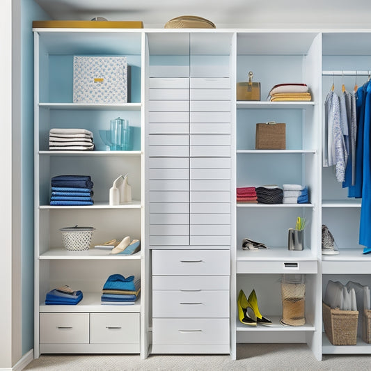 A bright, modern closet with white shelves and rods, featuring a laptop on a shelf with a floor plan design on the screen, surrounded by color-coded folders, measuring tapes, and a cup of coffee.