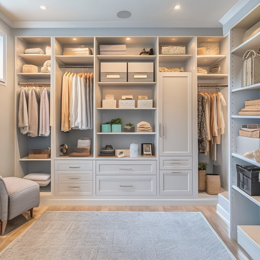 A modern, sleek, and organized walk-in closet with floor-to-ceiling shelves, drawers, and a central island featuring a built-in dresser, set against a calming gray and white color scheme.